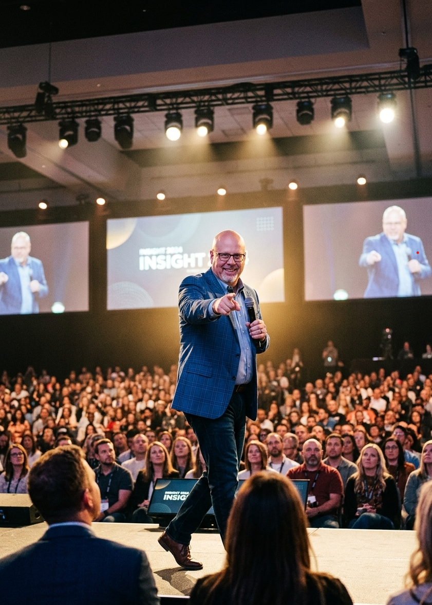 James Young commanding a large conference stage to a packed audience