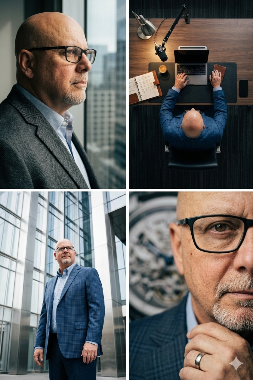Editorial portrait collage of James Young — at his desk, on the street, and in close-up