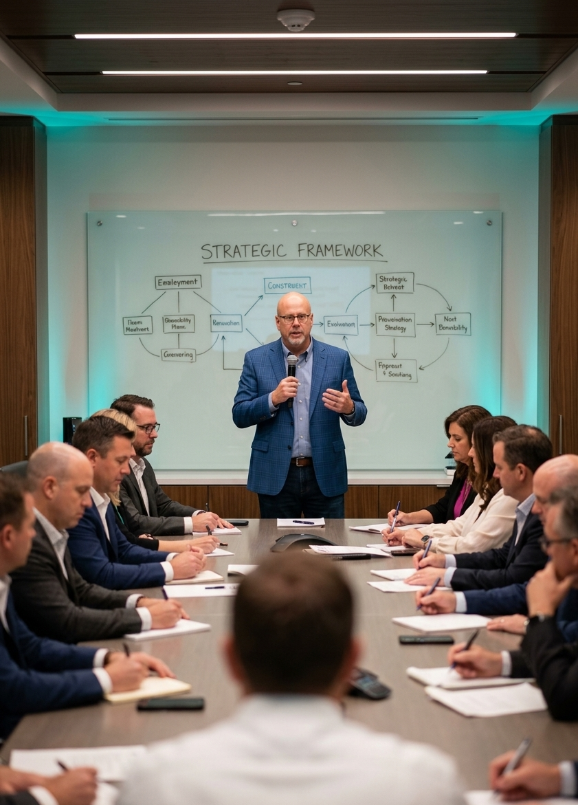 James Young facilitating a strategic boardroom session around a long table